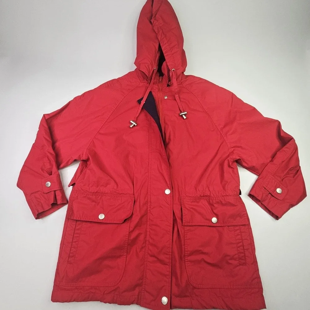 London Fog Hooded Parka Jacket Medium Red Full Zip Button Front Outdoor